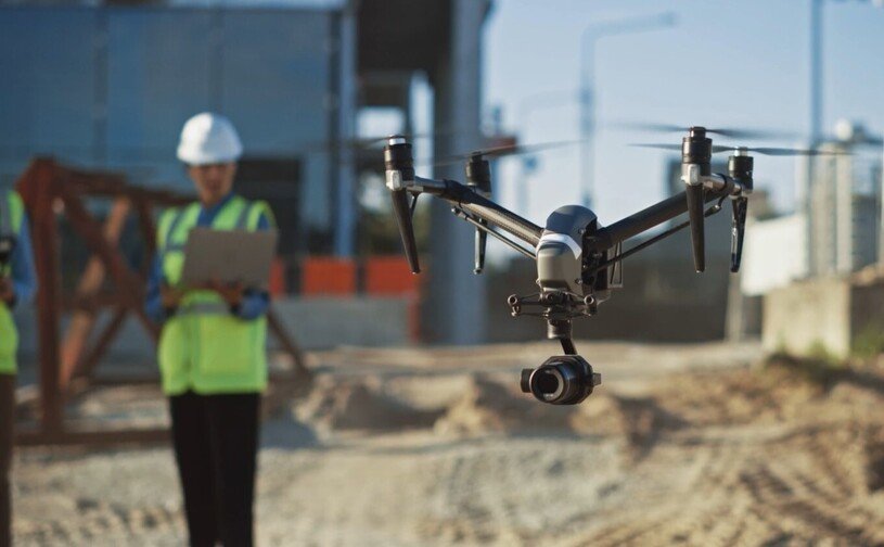Construction side with drone floating
