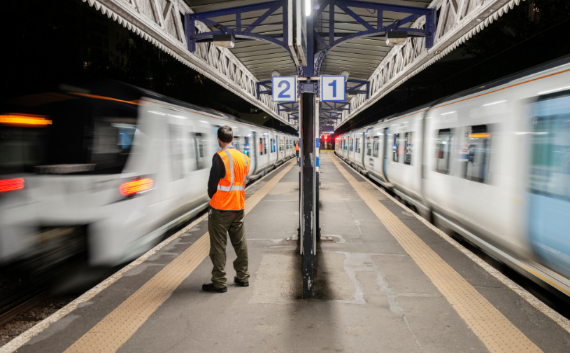 Image of person in orange high-vis vest stood at Drayton Park station for ETCS frequency test